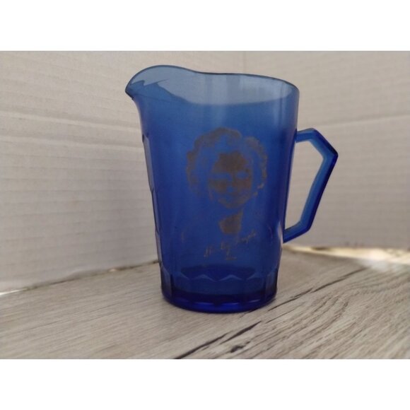 Shirley Temple Blue Glass Pitcher With Embossed Design & Handle - Picture 1 of 5